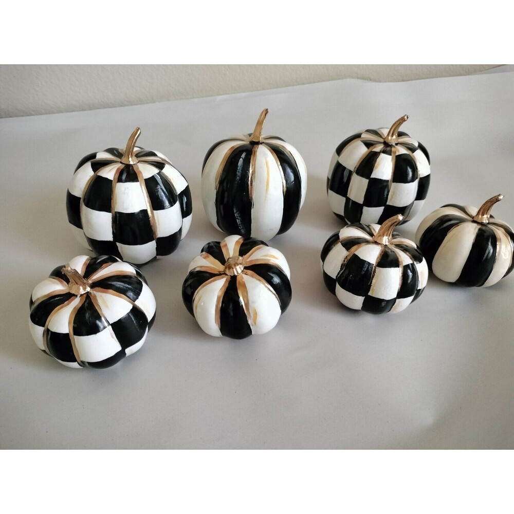 7 Pumpkins 3 & 4" Racing Black & White Checks Stripes Thanksgiving Hand Painted